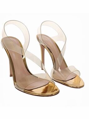 Gianvito Rossi Metropolis Clear PVC Strappy Metallic Gold Strap Sandals Size 8
